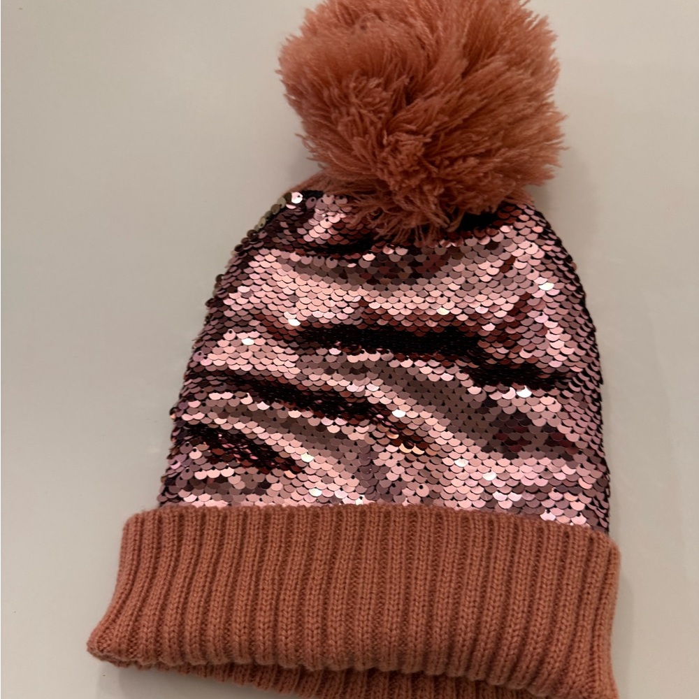 Sparkling Kids Beanie with Pom-Pom - Pink and Brown
